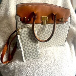 Brown and taupe Geometry Double Handle Satchel
